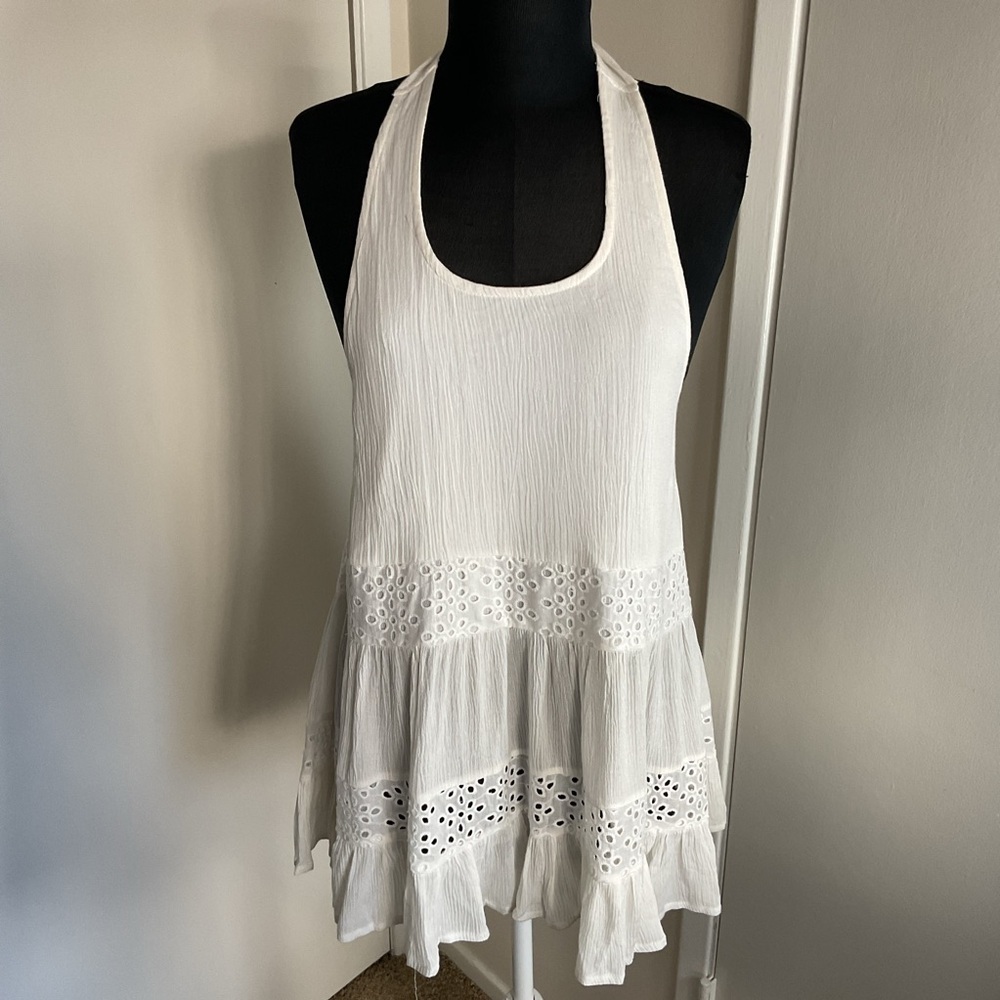 White Eyelet Halter Top Women Sleeveless Summer Boho Chic Festival Airy L